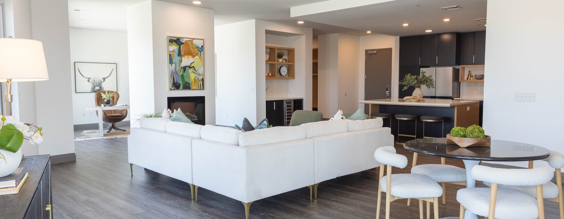 large living space with a kitchen attached